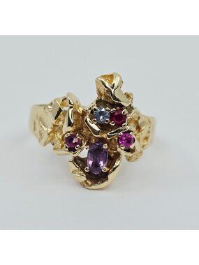 Vintage 14K Solid Yellow Gold Topaz, Aquamarine & Spinel Nugget Ring - Size 9.75